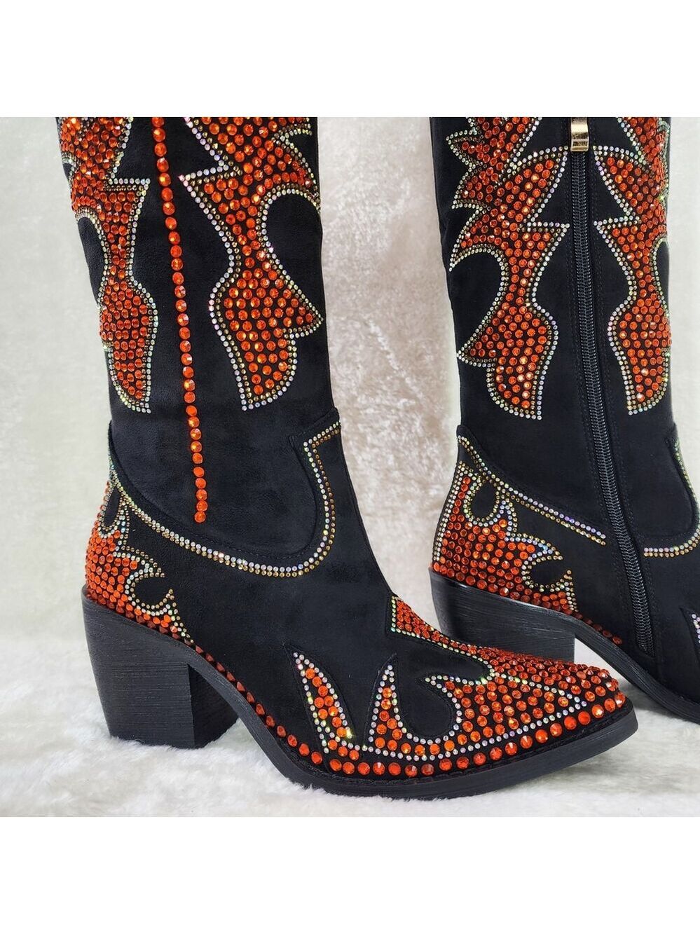 NIB Harley Girl Country Western Cowgirl Knee Boots Rhinestones Black Orange - Picture 15 of 16